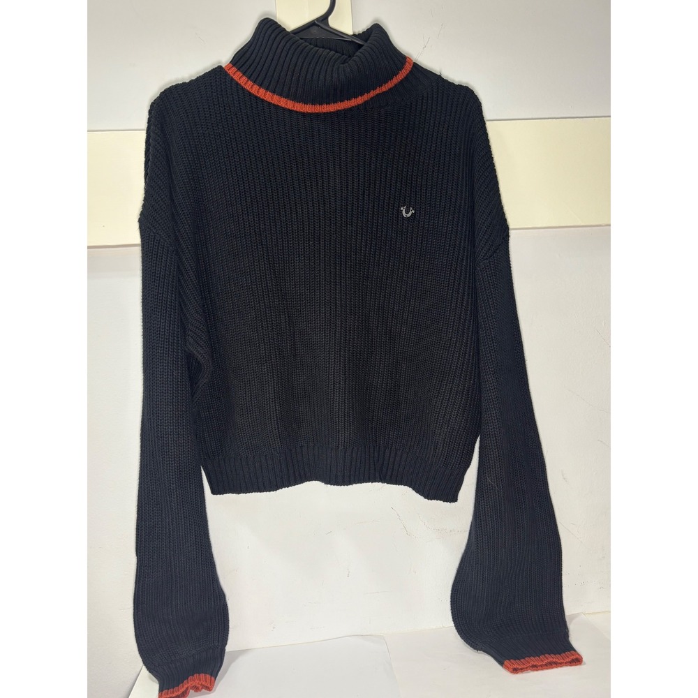 True Religion Women's Black Orange Turtleneck Cropped Shaker Knit Sweater L